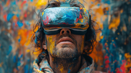 Man painter using vr headset while painting - obrazy, fototapety, plakaty