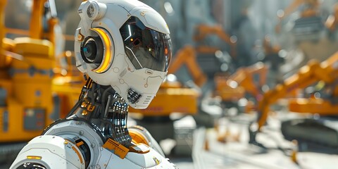Fototapeta premium The AI robot meticulously monitors a bustling construction site. Concept Construction Site Monitoring, Robotics in Industry, Artificial Intelligence in Construction, Technological Advancements