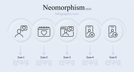 Dating site line icon set. Love, calendar, video call, attitude, heart, smartphone, swipe, match, valentine's day. Neomorphism style. Vector line icon for Business