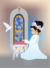 composition with a girl and characteristic symbols of Holy Communion