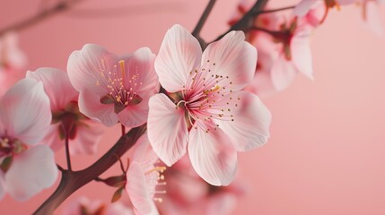 A close-up of a cherry blossom, with its delicate pink petals and branches, against a solid pink background.