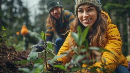 Volunteers plant trees together in a nature campaign