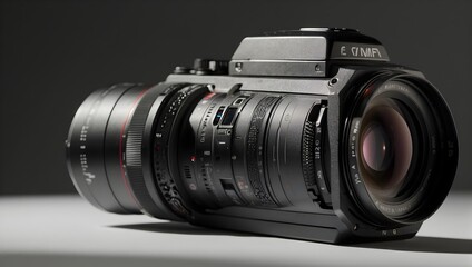 Fototapeta premium Advanced, professional-grade modern camera, standing alone with a shadow, showcased against a transparent backdrop Generative AI