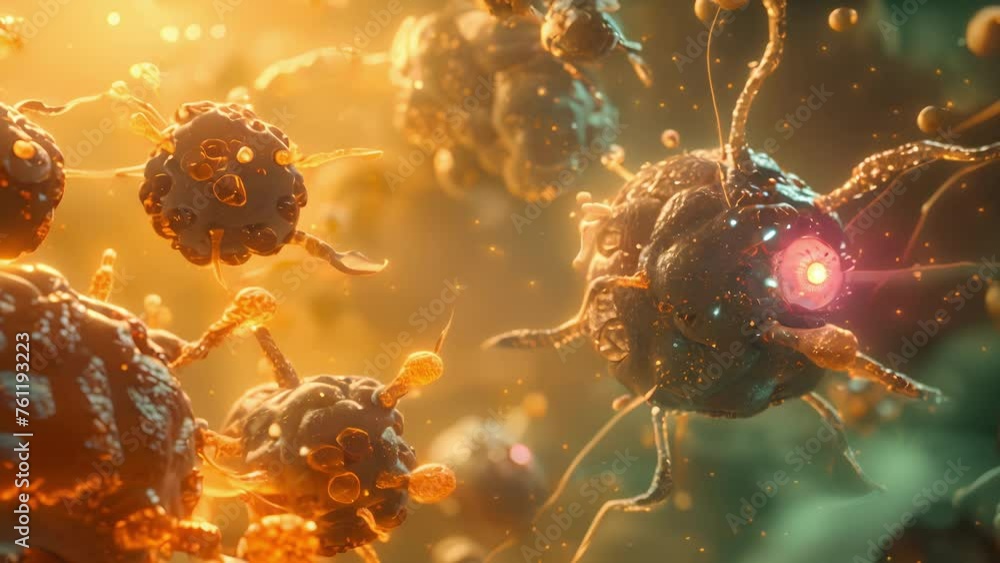 Aufkleber closeup of a of tumor cells under attack by a group of powerful nanorobots destroying them from with