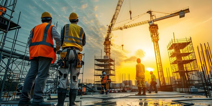 Construction workers collaborate to set up scaffolding at the busy construction site. Concept Construction, Workers, Collaboration, Scaffolding, Busy Site