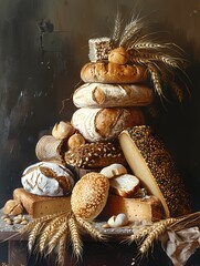 still life painting of a pile of bread with some wheat, split tonin, saturated, rounded, 19th century, made of cheese, For wall art, digital art, home decor , background and wallpaper
