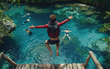 A man jumps into the water from a wooden bridge in a red and black wetsuit. Crystal clear turquoise waters of a Yucatan jungle pool surrounded by lush greenery