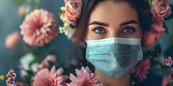 A woman dons a mask with floral accents balancing safety and style. Concept Fashion photography, Floral mask, Stylish accessories, Pandemic trends, Portrait photography