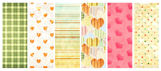 Set of vertical or horizontal banners with old paper texture and retro patterns with strips, dots and hearts. Vintage backgrounds with grunge paper material. Copy space for text