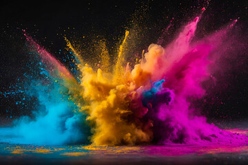 Holi Festival india background. Colored powder explosion on black background.