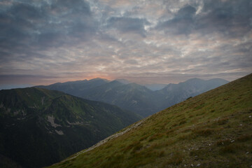 Mountain landscape in the Tatras at the top in summer at sunset.