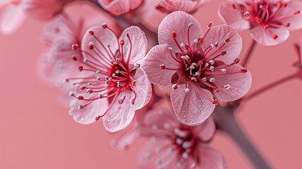 A close-up of a cherry blossom, with its delicate pink petals and branches, against a solid pink background. - Powered by Adobe