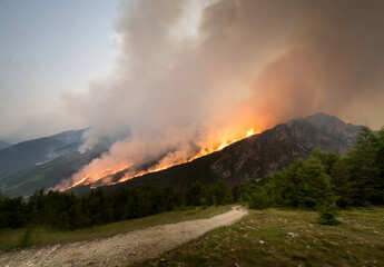 Dramatic wildfire engulfs mountain peaks, casting an orange glow across the smoke-filled sky