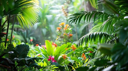 A tropical rainforest with vibrant green foliage and exotic flowers