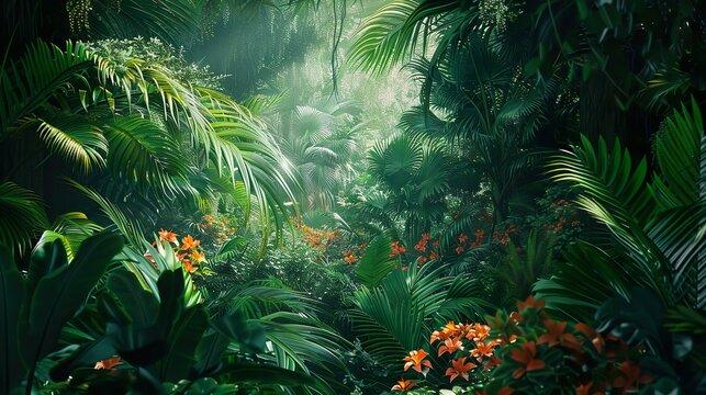 A tropical rainforest with vibrant green foliage and exotic flowers