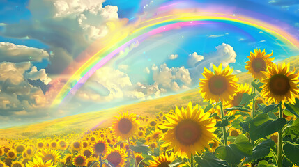A field of yellow sunflowers with a rainbow in the sky. The scene is bright and cheerful