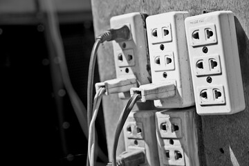 Old Electrical outlets inside the control box, Retro Plug socket Black and White 