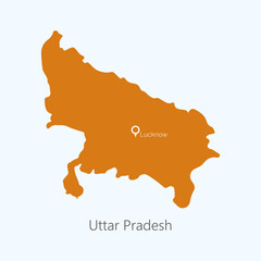 Uttar Pradesh modern map with Capital Lucknow marked on isolated plain background. 2d Uttar Pradesh map, vector, illustration.  - obrazy, fototapety, plakaty