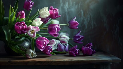 Bouquet of purple, white, pink tulips on a dark background in a vase