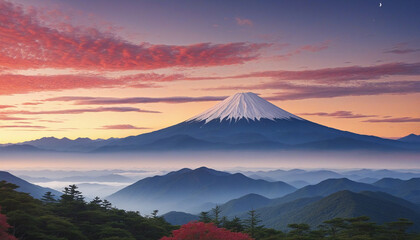 Japanese-style Illustration Landscape of Akane Sky and Mountains