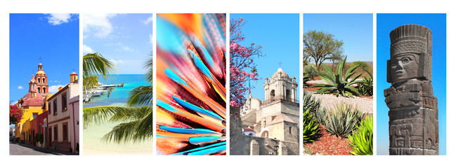 Collection of vertical banners with famous landmarks of Mexico. Cathedral in Puebla, Historic medieval houses in Queretaro, atlantean in Tula, cactus garden, sand beach and Caribbean sea in Cancun