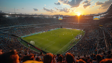 Aerial view on soccer stadium in evening time, Football arena with championship.