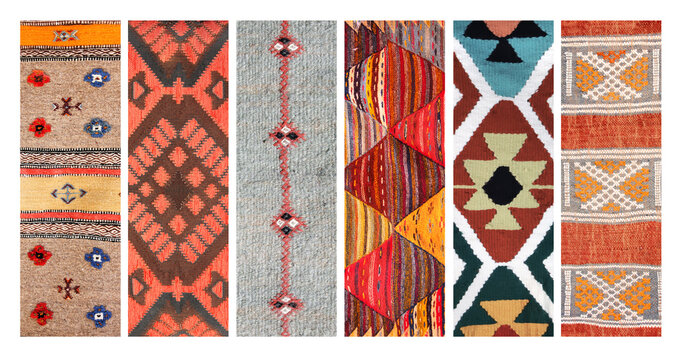 Set of vertical or horizontal banners with textures of berber traditional wool carpet with geometric pattern, Morocco, Africa