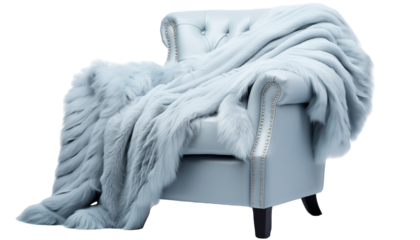 Luxurious Blue Velvet Armchair with Chic Faux Fur Blanket Isolated on Transparent Background
