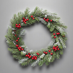 Fototapeta na wymiar snowy evergreen wreath with red berries isolated on a transparent background