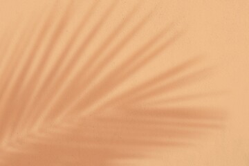 Palm leaf shadow on sand color wall texture background. Natural shadow overlay effect from tropical palm branch. Minimal summer concept with copy space. Flat lay, Top view