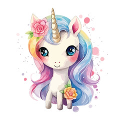 Adorable Watercolor Kawaii Unicorn 