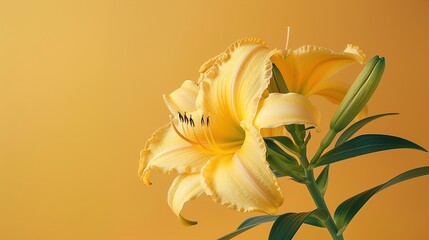 A close-up of a daylily, with its large yellow petals and green leaves, against a solid yellow background.