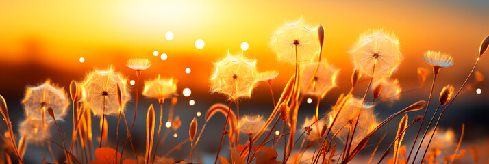 Abstract summer time banner background with flowers at sunrise - 761195851