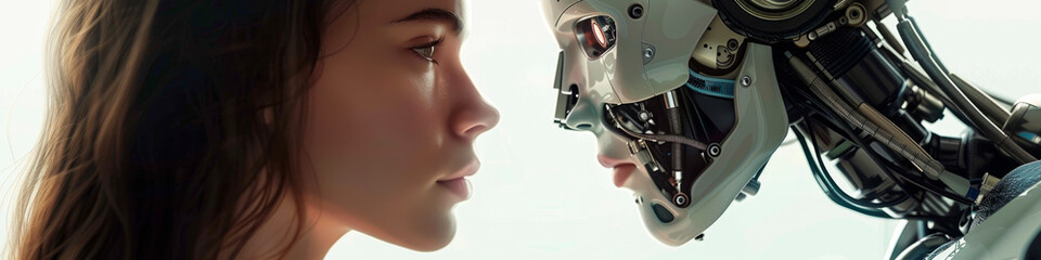 Intimate moment between woman and machine, human and robot relation banner - 761195867