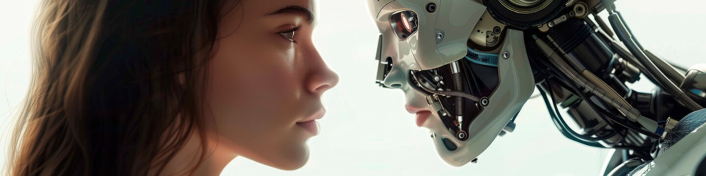 Intimate moment between woman and machine, human and robot relation banner