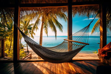 A relaxing hammock with ocean view between palm trees at a tropical beach. - 761196012