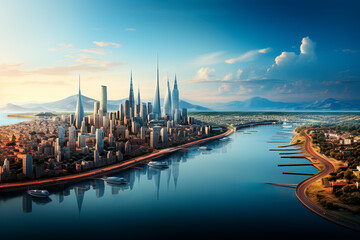 Futuristic cityscape with skyscrapers and reflective river.