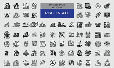 76 Solid Icons for Real Estate & Construction set in fill style. Excellent icons collection. Vector illustration. 