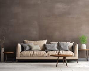 gray sofa in brown living room with copy space
