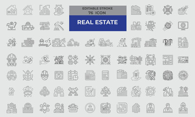 76 Stroke Icons for Real Estate & Construction set in line style. Excellent icons collection. Vector illustration.