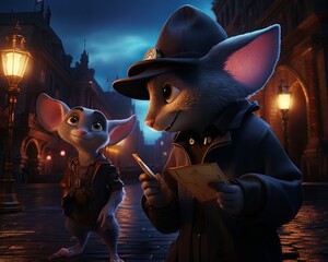 Animated Mouse Detective Duo on Nighttime Case - obrazy, fototapety, plakaty