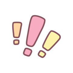 Cute exclamation mark icon. Hand drawn illustration of an orange, pink and yellow exclamation marks isolated on a white background. Kawaii sticker. Vector 10 EPS.