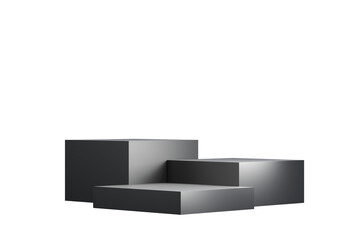 3d Abstract luxury black room with realistic white square pedestal podium set and leaf shadow overlay. Minimal design scene for stage product display presentation. Geometric platform. 3D rendering.