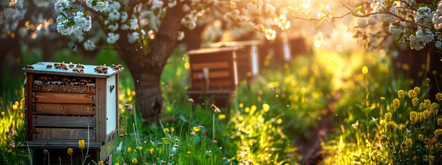 Bee hives in a blooming garden. Selective focus. - obrazy, fototapety, plakaty