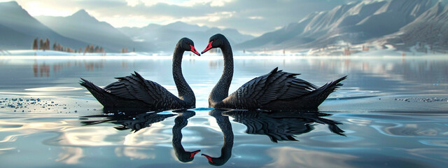 Two black swans on the lake. Selective focus. - obrazy, fototapety, plakaty