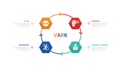 VARK learning styles infographics template diagram with cycle on circle with hexagon shape with 4 point step design for slide presentation - obrazy, fototapety, plakaty
