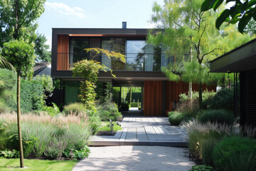 a beautiful modern minimalist house with beautiful landscape and many plants
