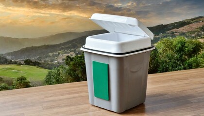 a high-capacity Eko dust bin with a dual-compartment design for sorting recyclables and general waste. The composition should feature separate color-coded compartments with removable dividers, allowin