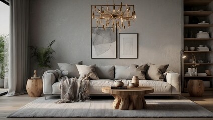 Contemporary boho chic living area with a minimalist touch, including a pale gray sofa, decorative throw pillows, a wooden centerpiece table with candles Generative AI