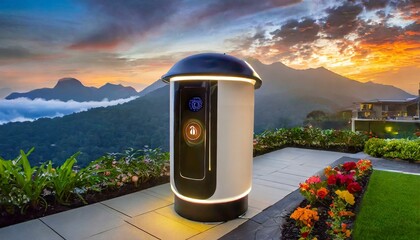 a tech-savvy Eko dust bin with smart sensor technology for automatic opening and closing. The composition should include motion sensors that detect movement within a certain range, providing hands-fre
